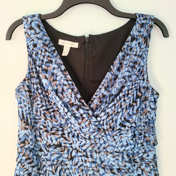 London Times Blue & Tan Sheer Ruffled Skirt V-Neck Sleeveless Midi Dress Size 10 - Picture 2 of 7